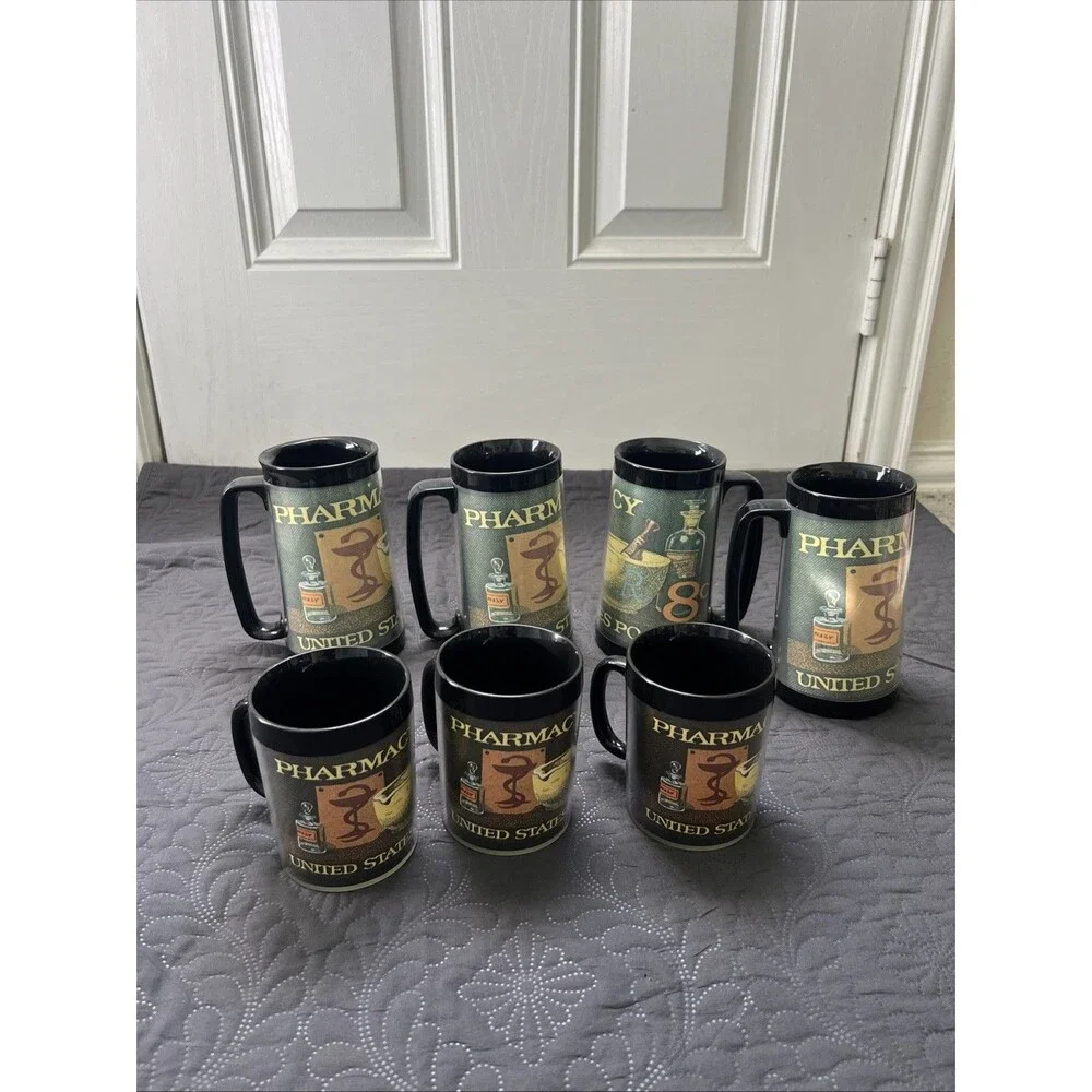 Vintage 70s Thermo Serv 23pc Pharmacy Postage Stamp Drinkware Set Collectible